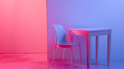 Obraz premium plastic desk and chair on pink and purple background