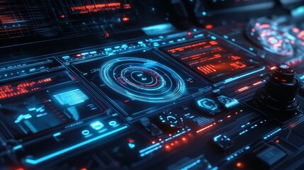 In a futuristic control center, a holographic interface with neon highlights presents advanced technological features. 