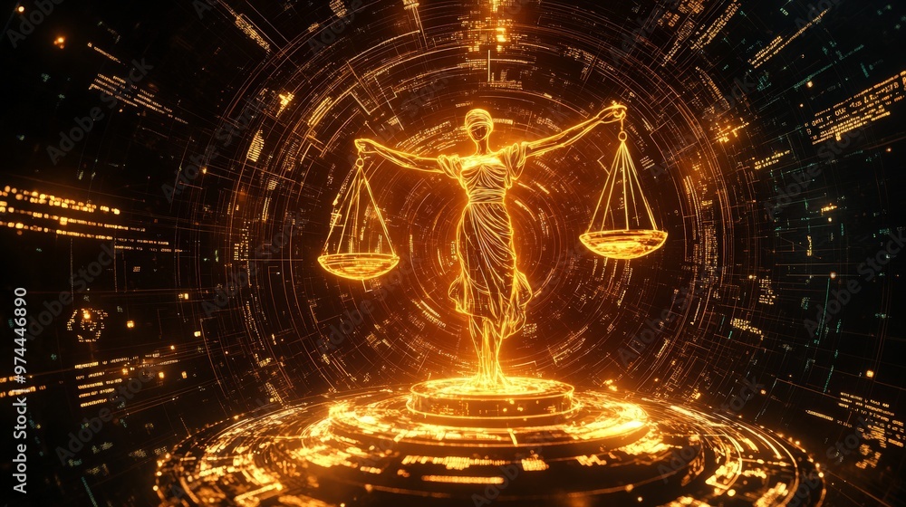 Poster in a high-tech digital environment, a symbol of justice is integrated into a futuristic network of g