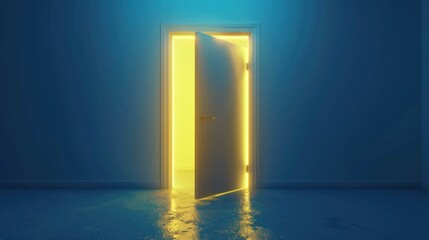 Illuminated doorway: D rendering of yellow light streaming through open door on blue background. Concept 3D Rendering, Illuminated Doorway, Yellow Light, Open Door, Blue Background