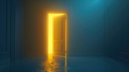 Illuminated doorway: D rendering of yellow light streaming through open door on blue background. Concept 3D Rendering, Illuminated Doorway, Yellow Light, Open Door, Blue Background