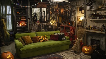 Naklejka premium In a Halloween-themed living room, a green sofa and a witch's broom are prominent. 