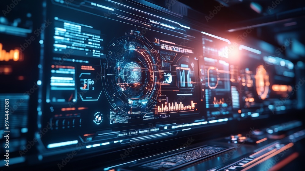 Poster in a modern tech environment, a holographic interface with neon highlights presents interactive data