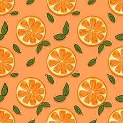 seamless pattern with slice oranges on orange color background.