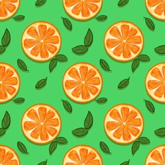 seamless pattern orange slice on green background.