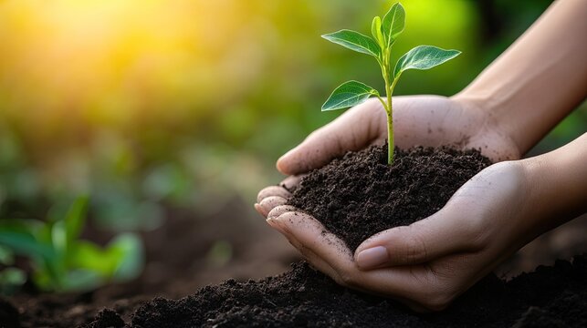 A close-up of hands holding soil with a small plant growing, symbolizing environmental protection and sustainability.