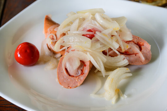 Czech Pickled Sausage with Onions and Red Hot Pepper called Utopenci s Cibuli