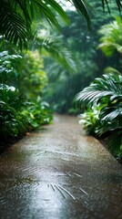 Tranquil Rainy Day in Exotic Botanical Garden - Serene Atmosphere with Dewy Plants