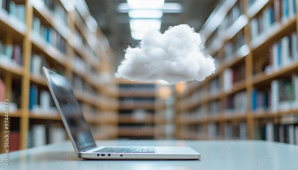 Aufkleber Cloud computing transfer big data on internet. futuristic digital technology.A laptop on a desk with a cloud hovering above it, set in a blurred library background.