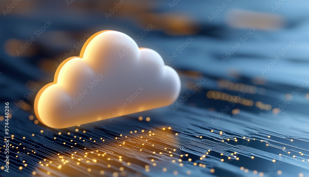 Poster Cloud computing transfer big data on internet. futuristic digital technology.A glowing cloud icon on a circuit board, representing cloud technology and data transfer.