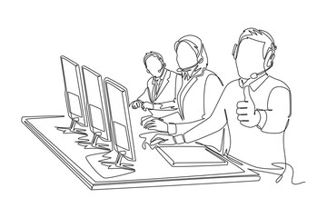 Continuous one line drawing group of male and female telemarketing team members calling customers to offer new property product. Online sales agent. Single line draw design vector graphic illustration