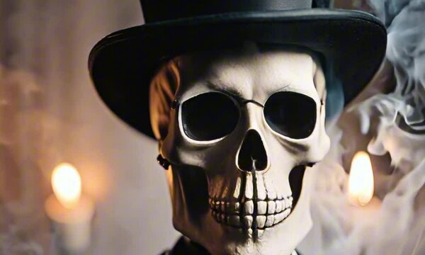 halloween skeleton mobster on smoky background