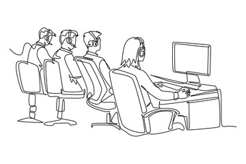 Continuous one line drawing group of male female call center workers sitting in front of computer answer product order. Customer service business. Single line draw design vector graphic illustration