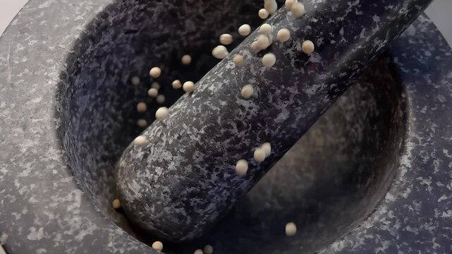 Close-up of the spicy exotic white peppercorns falling into the grey stone mortar in slow motion. High quality 4k footage