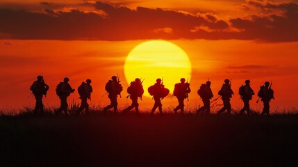 Fototapeta premium Silhouettes of soldiers on a march silhouetted against a stunning sunset. The setting sun provides a dramatic backdrop, emphasizing the soldiers' resilience and unity as they continue their journey.