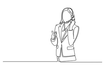 Single continuous line drawing beautiful female customer service worker standing and answering phone call from customer kindly. Helpdesk center care. One line draw graphic design vector illustration