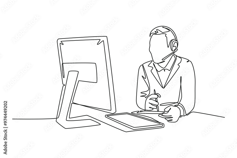 Poster single one line drawing male call center worker writing some notes in front of monitor while handle 