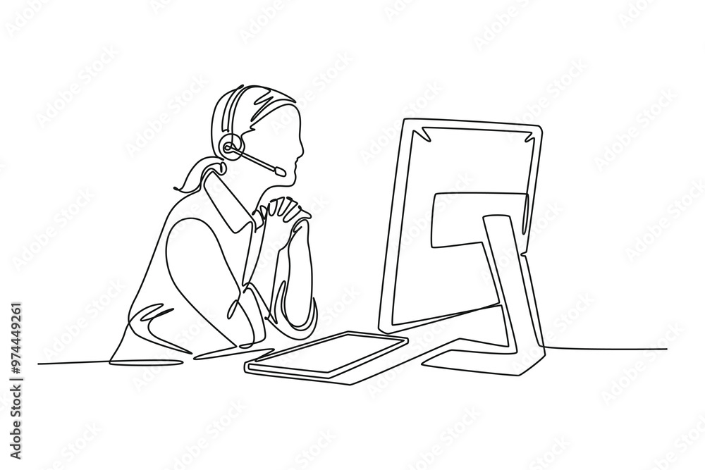 Poster single one line drawing of female call center worker sitting in front of computer answering phone fr