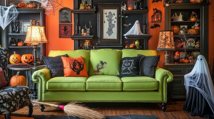 The Halloween-decorated living room features a bright green sofa and a witch's broom. 