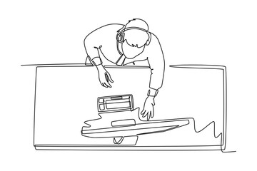 Single one line drawing top view male customer service listening complaint with headset on monitor from client. Call center service excellent. Continuous line draw design graphic vector illustration