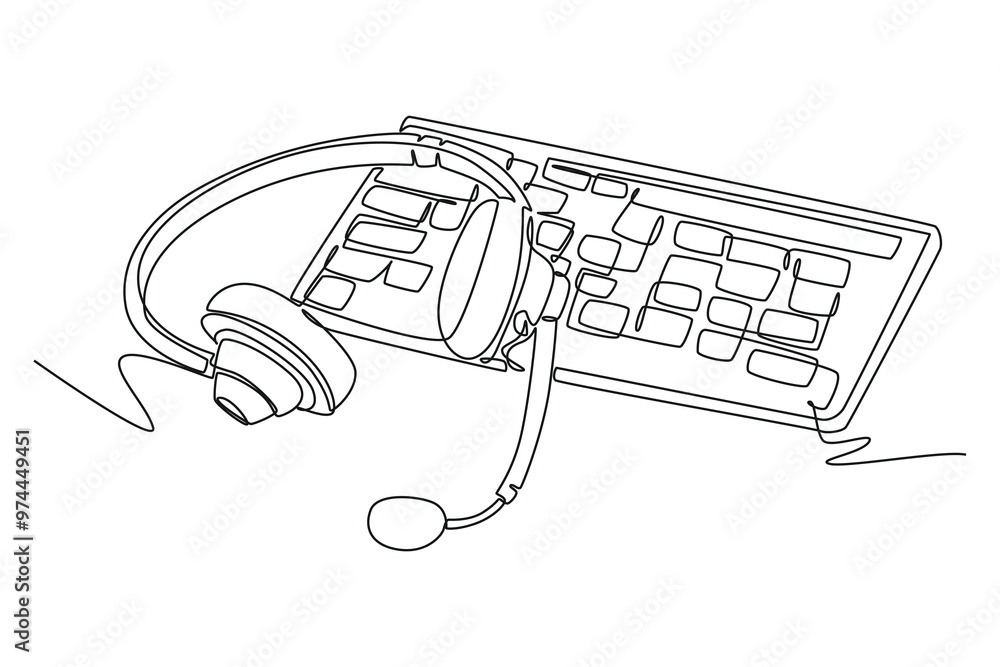 Aufkleber single one line drawing of headphone with microphone and keyboard on working desk as customer servic