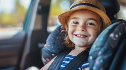 Happy child securely buckled in car seat ready for road trip. Concept Safe Travel, Child Safety, Road Trip Essentials, Car Seat Awareness.