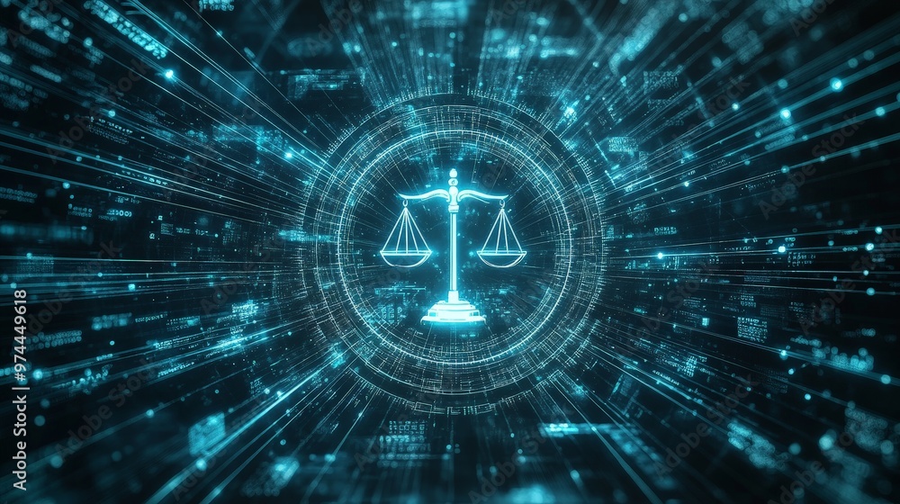 Poster the image depicts a digital justice network of the future, featuring a central symbol of justice wit