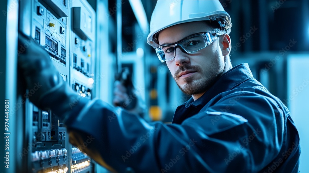 Aufkleber the image shows a maintenance engineer working on the relay protection system of medium voltage swit