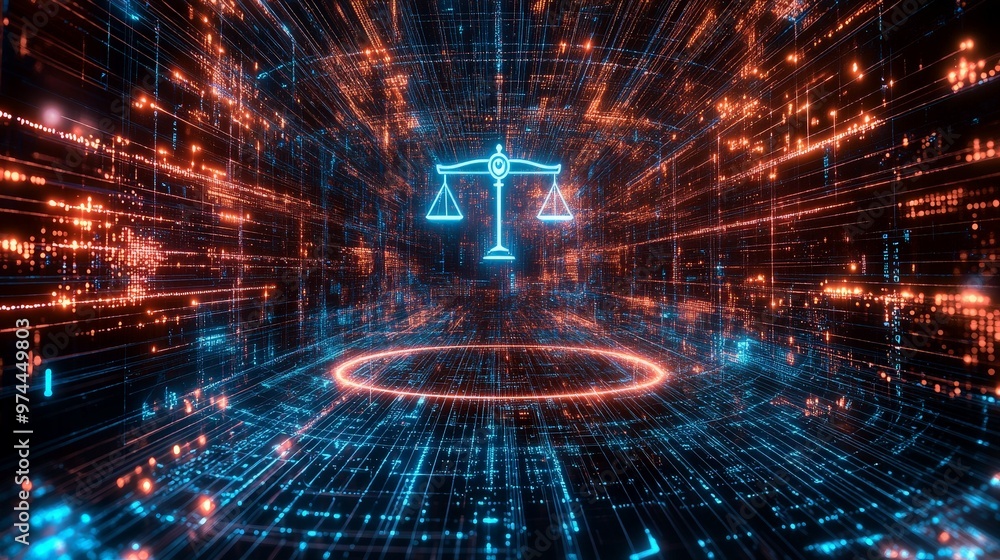 Poster the image depicts a digital justice network of the future, featuring a central symbol of justice wit