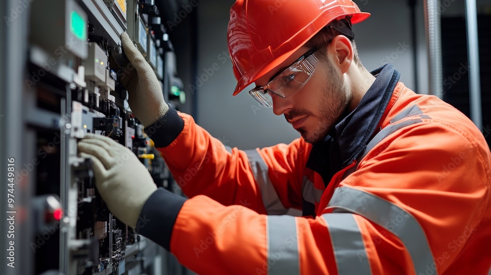 Aufkleber the image shows a maintenance engineer working on the relay protection system of medium voltage swit