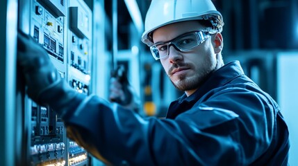 The image shows a maintenance engineer working on the relay protection system of medium voltage switchgear.