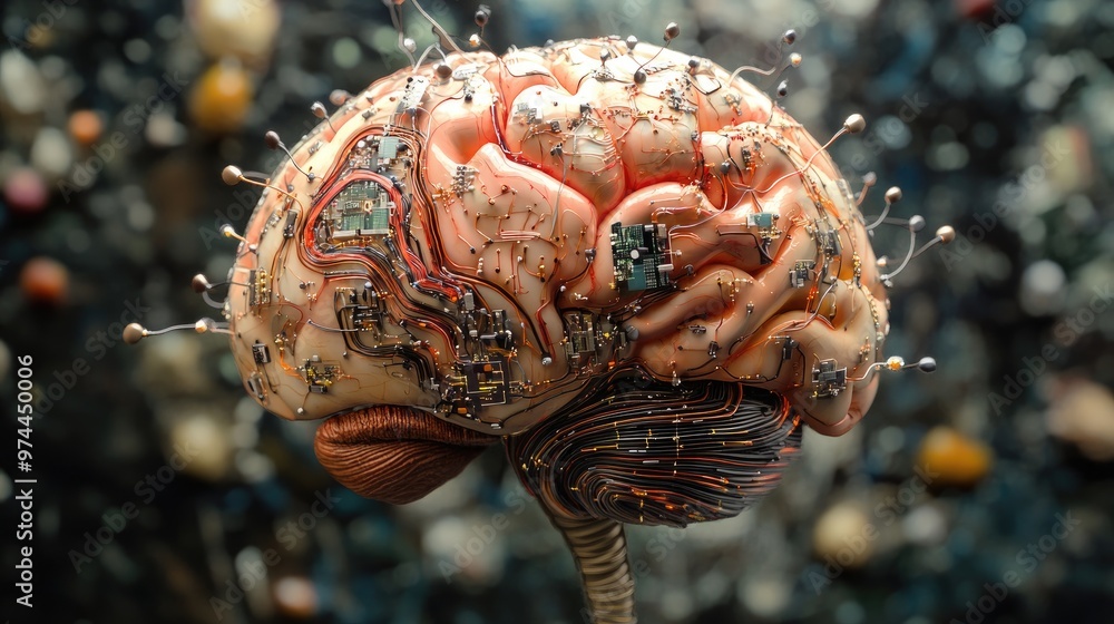 Poster a creative 3d model of the brain with circuits and wires, symbolizing neuroscience and technology me