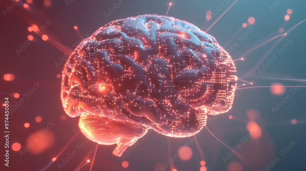 Poster a creative 3d model of the brain with circuits and wires, symbolizing neuroscience and technology me