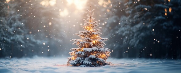 winter background - snow-covered Christmas tree with a garland with yellow light. Christmas trees in the snow, minimalistic light background, winter minimalistic landscape. copy space