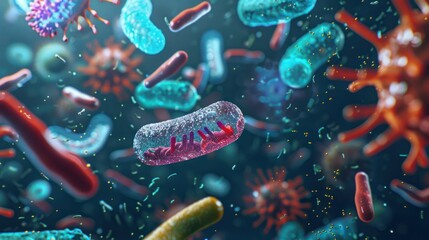 Fototapeta premium Various bacteria and viruses against a science background in 3D. Concept Science Illustration, Bacteria, Viruses, 3D Art, Microbiology