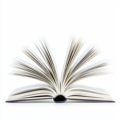 An open book with flipping pages, dynamic motion, photorealistic, isolated on white background