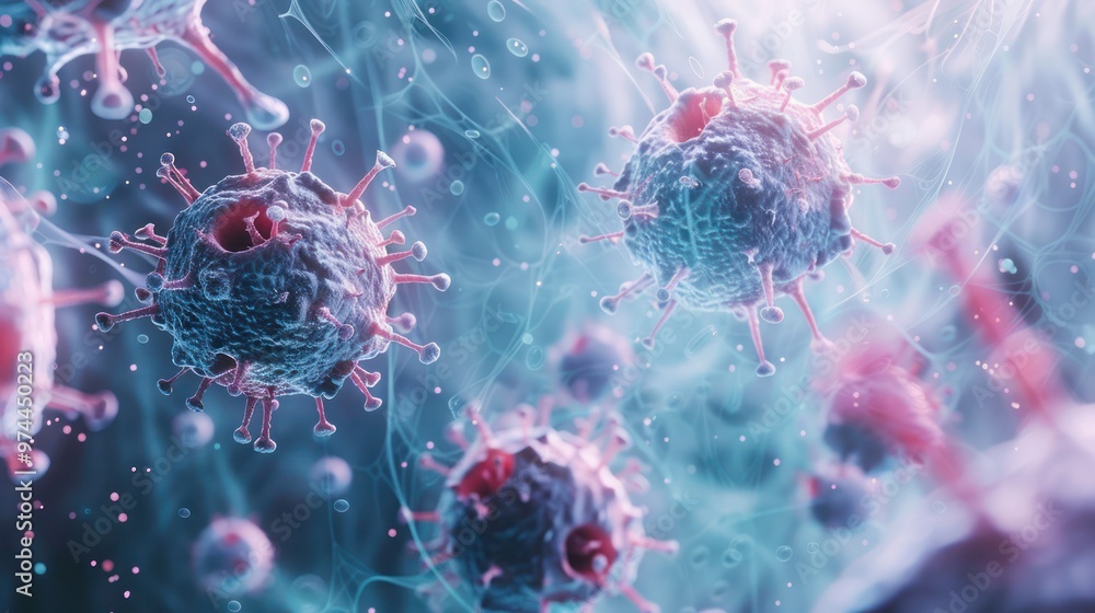 Poster detailed 3d rendering of virus under microscope showing various infectious diseases. concept scienti