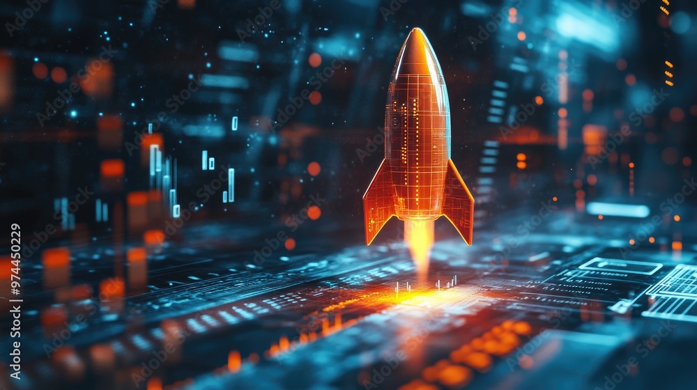 Poster a creative business chart that transforms into a rocket, symbolizing explosive growth and innovation