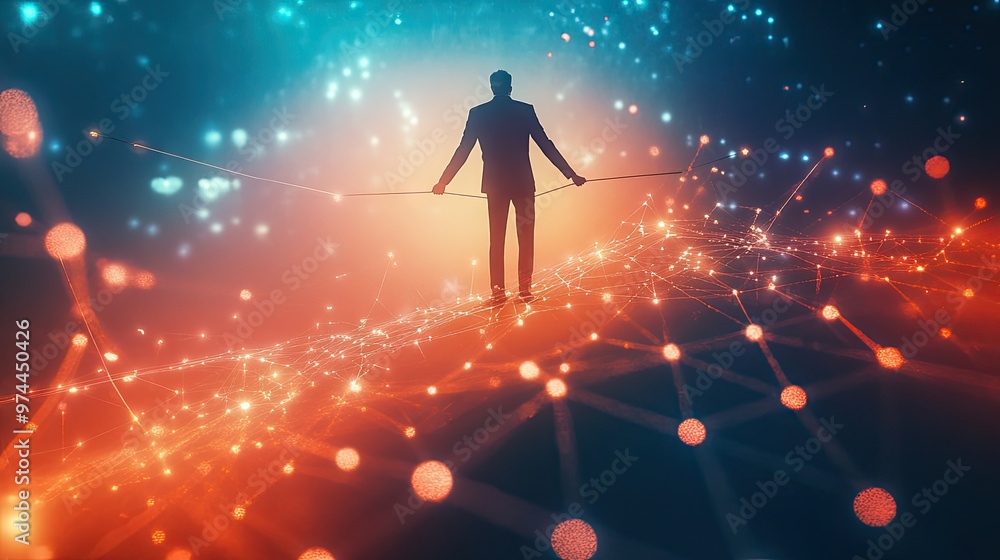 Aufkleber a creative business concept featuring a businessman balancing on a tightrope with glowing data point