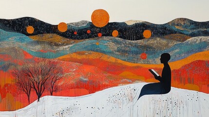 This illustration portrays an individual engrossed in reading amidst a tranquil, abstract landscape.