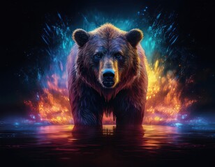 Generated image of a bear standing in water. Black background with an explosion of color. 