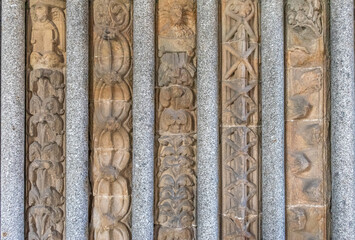 Intricate Stone Carvings Architectural Detail Cultural Heritage Preservation. Decoration next to the entrance to the St. Procopius Basilica in Trebici
