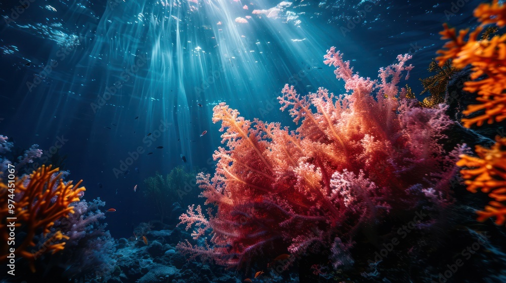 Wall mural Stunning underwater coral reef in the deep sea or ocean. Concept Underwater Photography, Coral Reefs, Deep Sea Exploration, Marine Life, Ocean Ecosystems