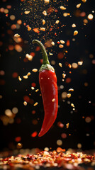 A close up of chili pepper seeds erupting from pepper, creating vibrant display of color and texture. dynamic scene captures essence of spice and flavor