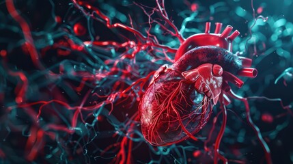 An In-Depth View of the Cardiovascular System Pulsing Heart and Intricate Vessels. Concept Cardiovascular Anatomy, Pulsating Heart, Blood Vessels Anatomy, Heart Health, Cardiovascular Function