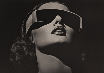 50s retro style portrait of a woman in a fashion pose wearing 'futuristic' glasses