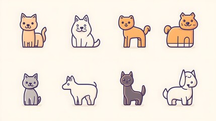 Eight Cartoon Pets in Various Poses and Colors