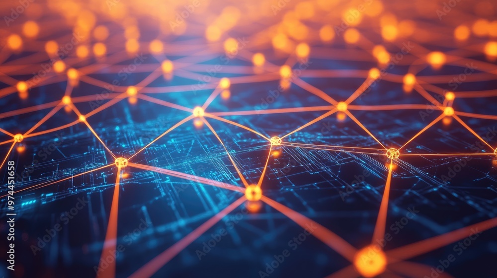 Poster a creative digital network with nodes connecting in a glowing pattern, symbolizing global business c