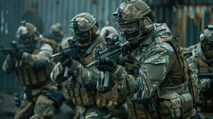 Special forces in tactical gear advancing cautiously demonstrating preparedness for critical operations. Concept Special Forces, Tactical Gear, Advancing Cautiously, Preparedness, Critical Operations