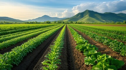 Rows of diverse organic crops growing in harmony, symbolizing sustainable agriculture